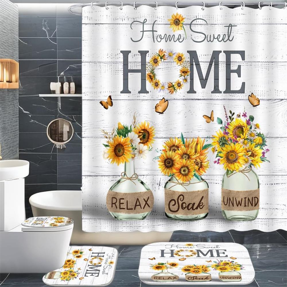 Blue Hydrangea Shower Curtain Set Rustic Butterfly Floral Bath Curtains Home Bathroom Decor Floor Rug Bath Mats Toilet Lid Cover