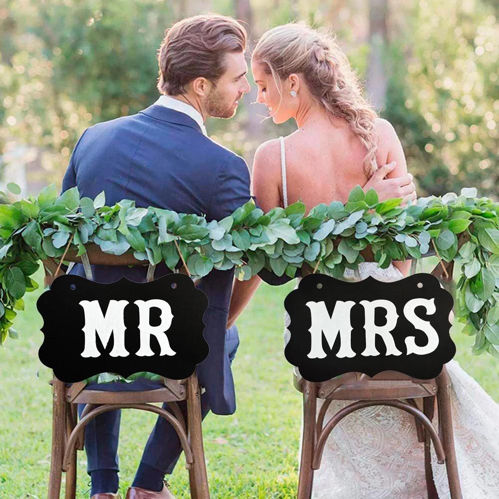 MR & MRS Kraft Paper Board With Ribbon Photo Props Chair Signs Wedding Decor Letter Sign Event Party  Decoration Supplies