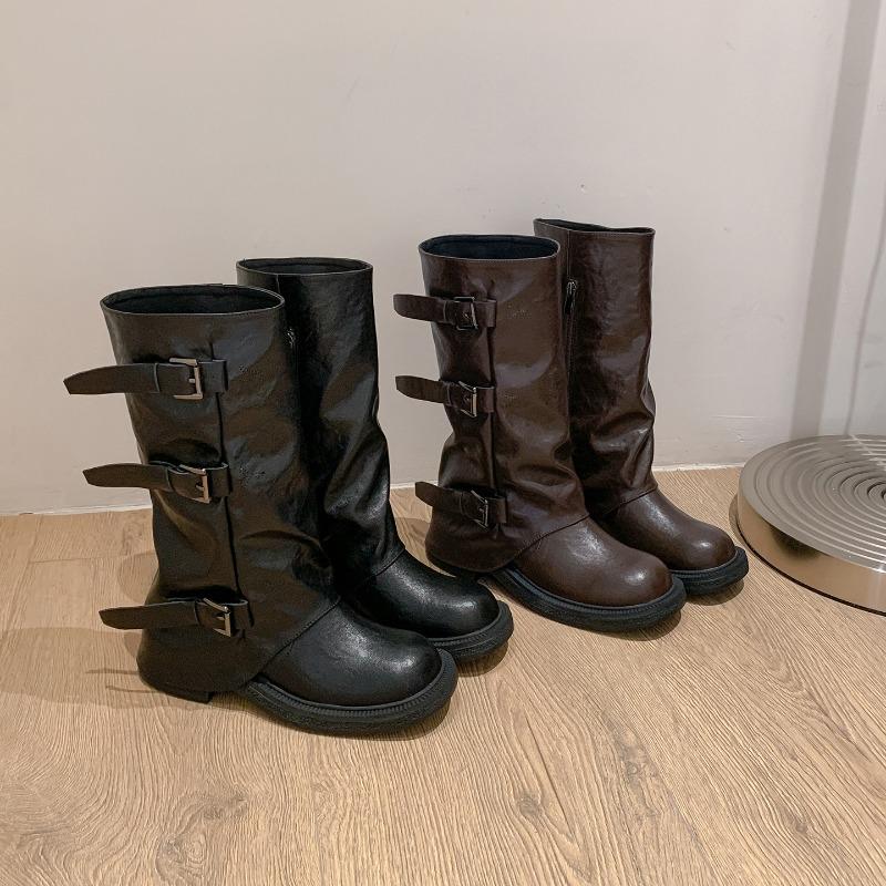 Thick-soled Belt Buckle Western Boots Women's New Versatile Mopping Boots Pleated Pile Boots Medium and Long Tube Pants Tube Boots