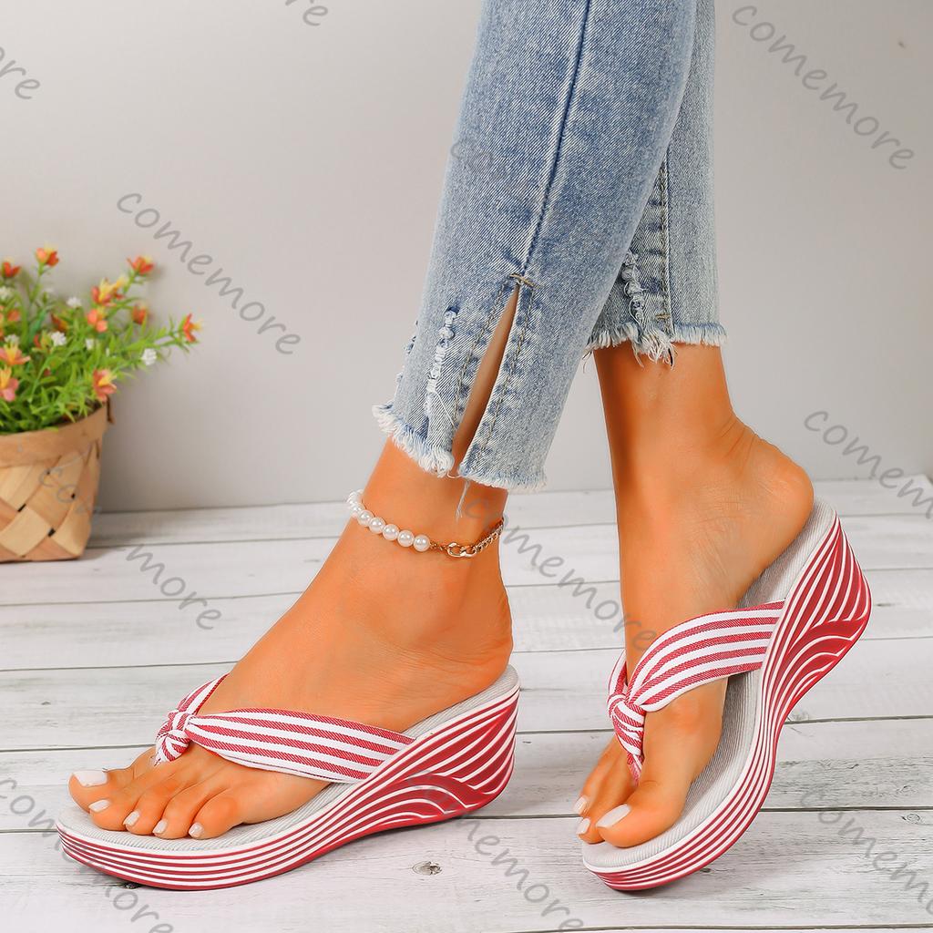 Fashion Comemore 2025 Flip-flops Ladies Summer Shoes Casual Stripe Platform Wedges Beach Slippers High Heeled Slides Shoes for Women