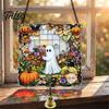 Vintage Window Pendant Halloween 2D Acrylic Decoration with Chain, Bell, Stained Glass Ghost Bat Bell Pumpkin Suncatcher Decor, Wall Hanging Ornament