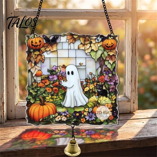 Vintage Window Pendant Halloween 2D Acrylic Decoration with Chain, Bell, Stained Glass Ghost Bat Bell Pumpkin Suncatcher Decor, Wall Hanging Ornament