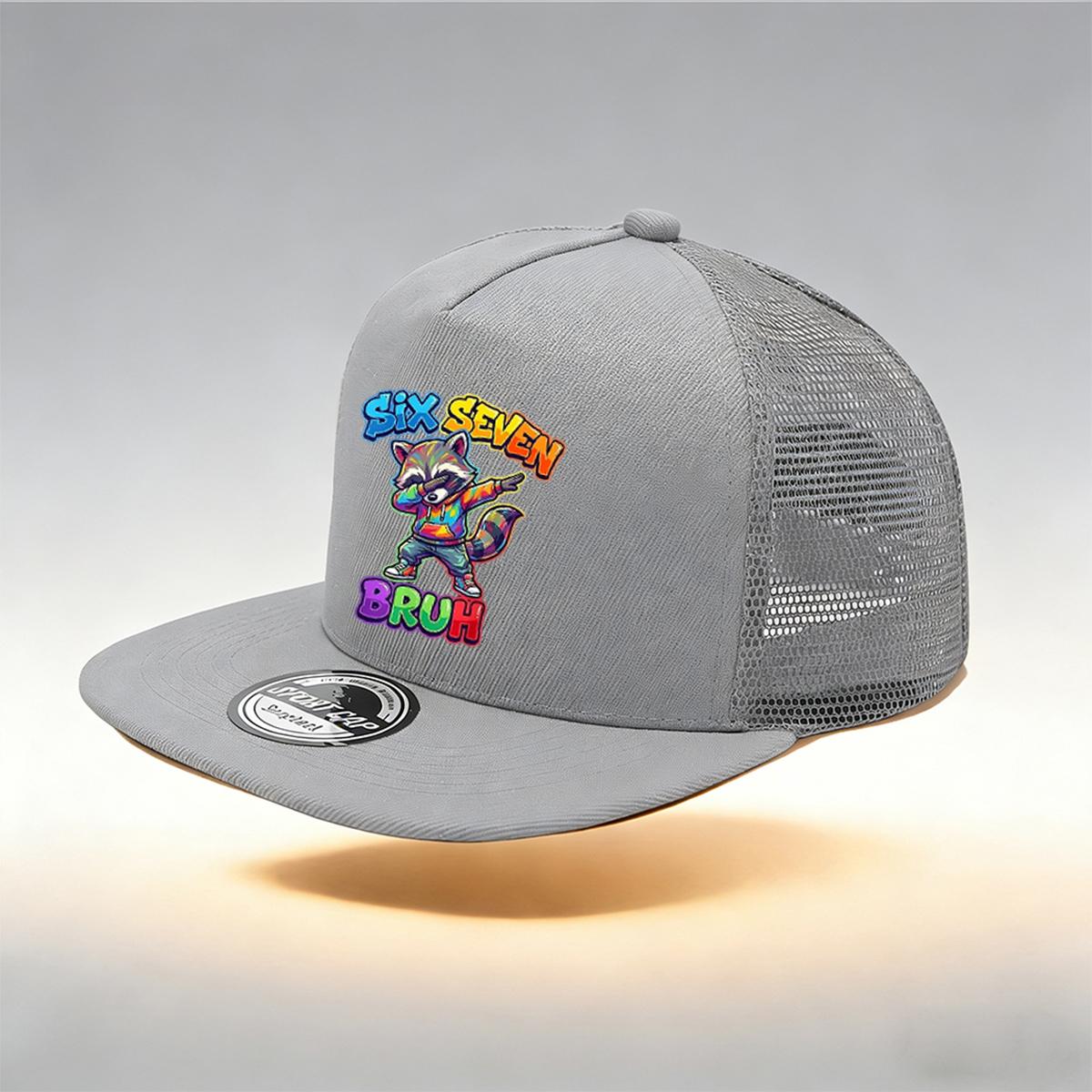 

1/2PC Y2K Gray Raccoon Flat Brim Trucker Hat, Dopamine Colorful Print, Breathable Mesh, Cool Aesthetic Cap сірий