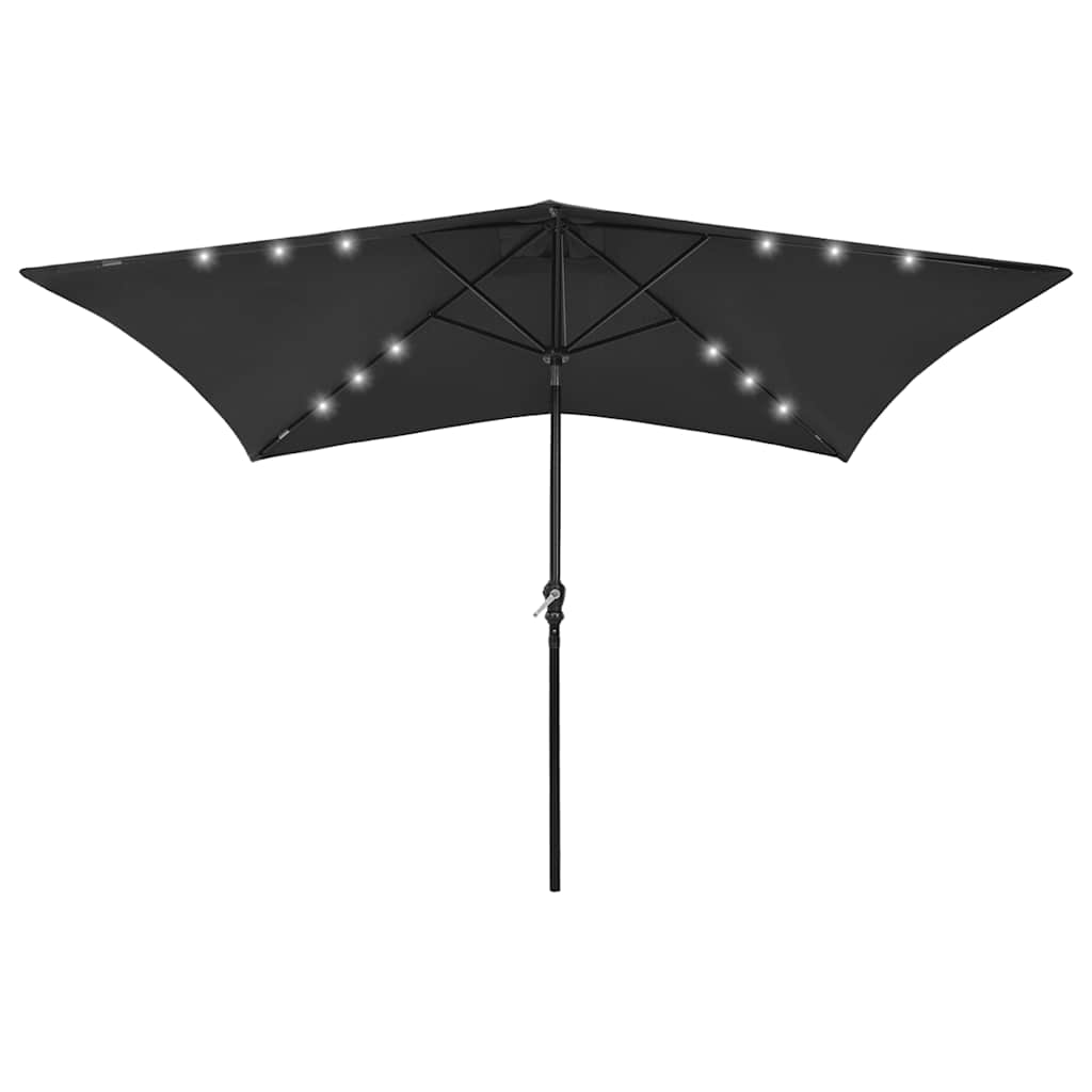 Solar Powered LED Sun Umbrella with Steel Pole Black 2x3 M