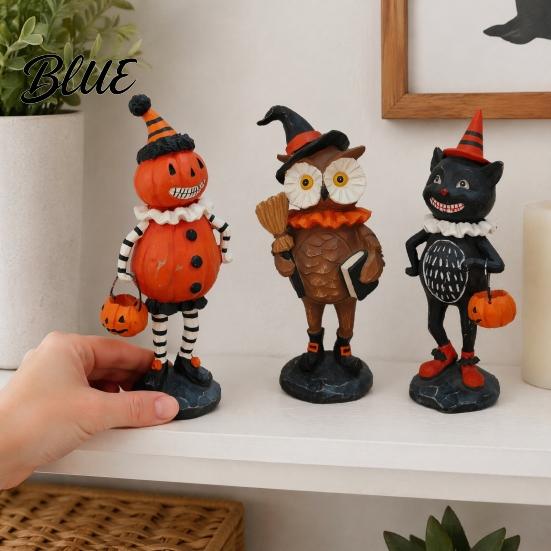Cute Spooky Shelf Sitters Wooden Halloween Resin Figurines Pumpkin Scarecrow Wizard Owl Black Cat Decorative Crafts Statue Rustic Desktop