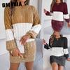 Autumn and Winter Casual Color-block Preppy Lantern-sleeved Sweater Dress for Women