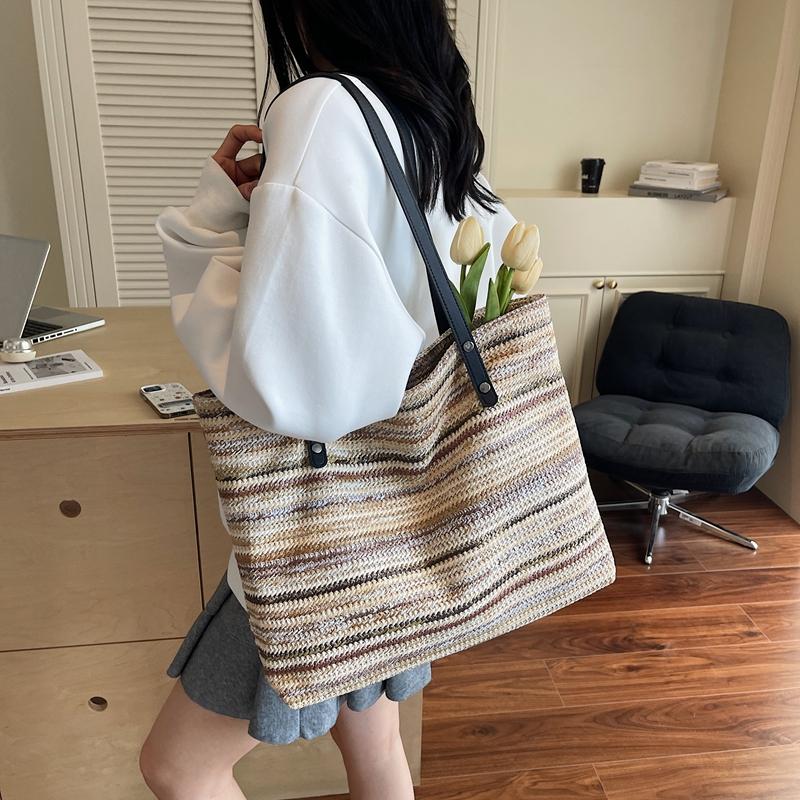 Regenbogen Stroh Gewebte Handtasche Damen Gewebte Schulter Unterarmtasche