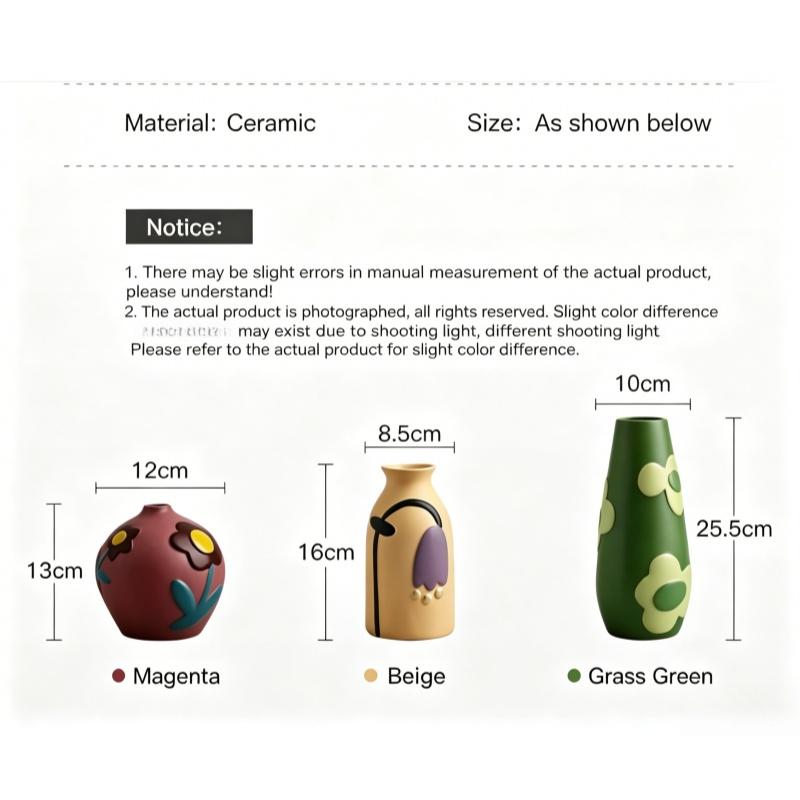 Handmade Art Deco Ceramic Tabletop Vase Creative Painted Flower Design Scratch Resistant Eco-Friendly Decorative Arrangement for