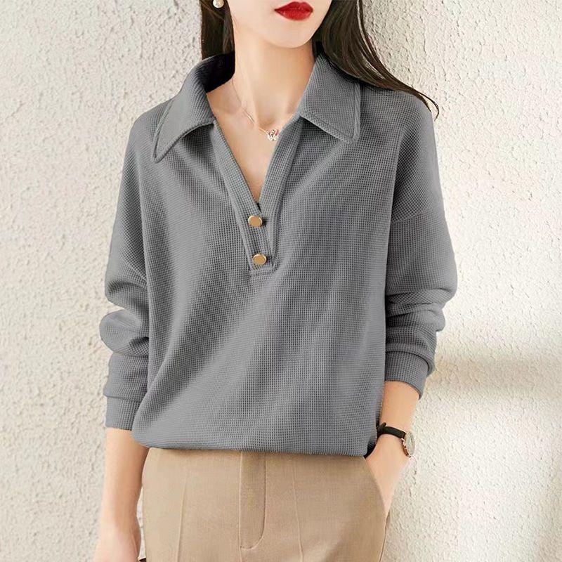 Spring Autumn Waffler Polo V-neck Loose Casual Sweatshirt Women Long Sleeve Solid Simple All-match Pullover Top