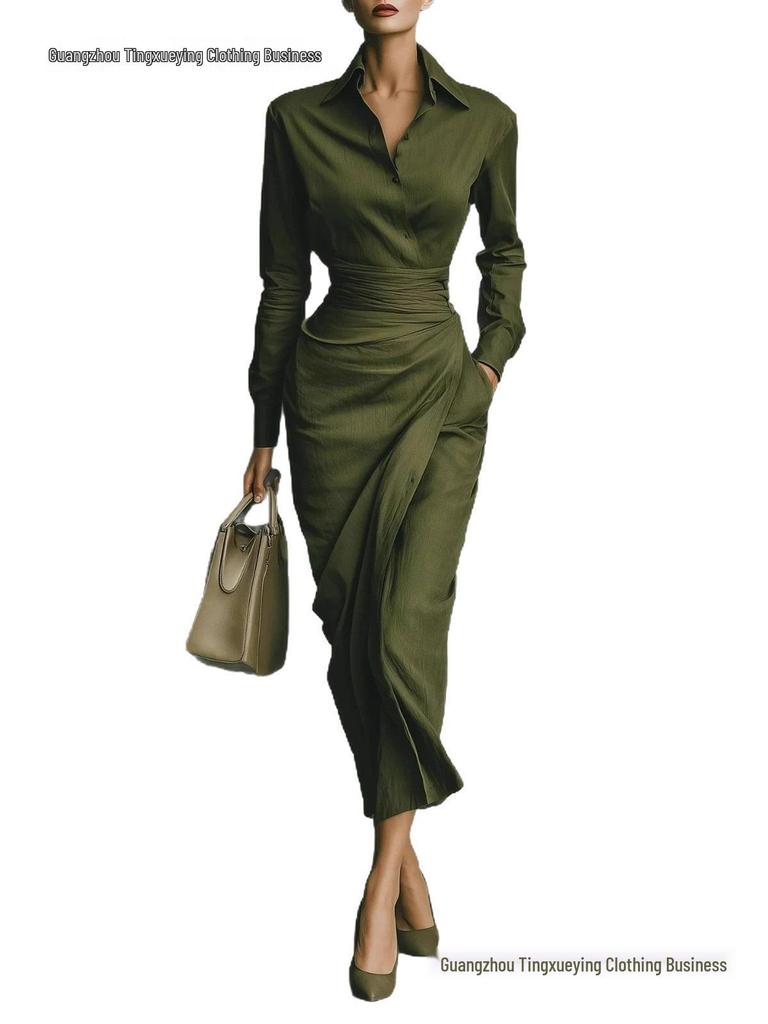 2026 Herbst Winter Asymmetrisches Langarm Schlankes Hemdblusenkleid