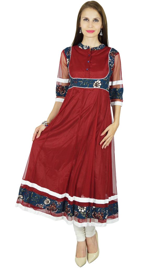 Bimba Women's Long Flared Black Anarkali Kurti Kurta Indian Classic