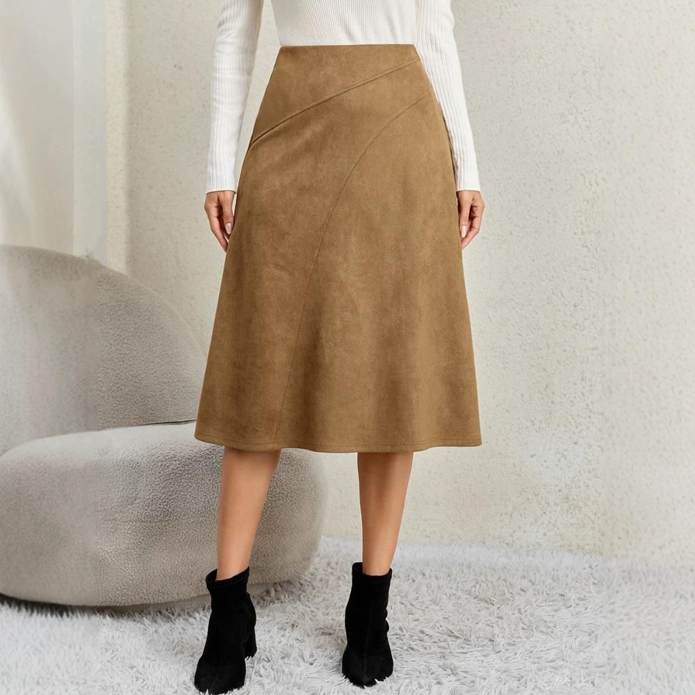 Damen Unifarbener Patchwork Wildleder Reißverschluss Rock Hohe Taille Schnalle Umwickelte Hüfte Kurzer Rock Mittellanger Rock