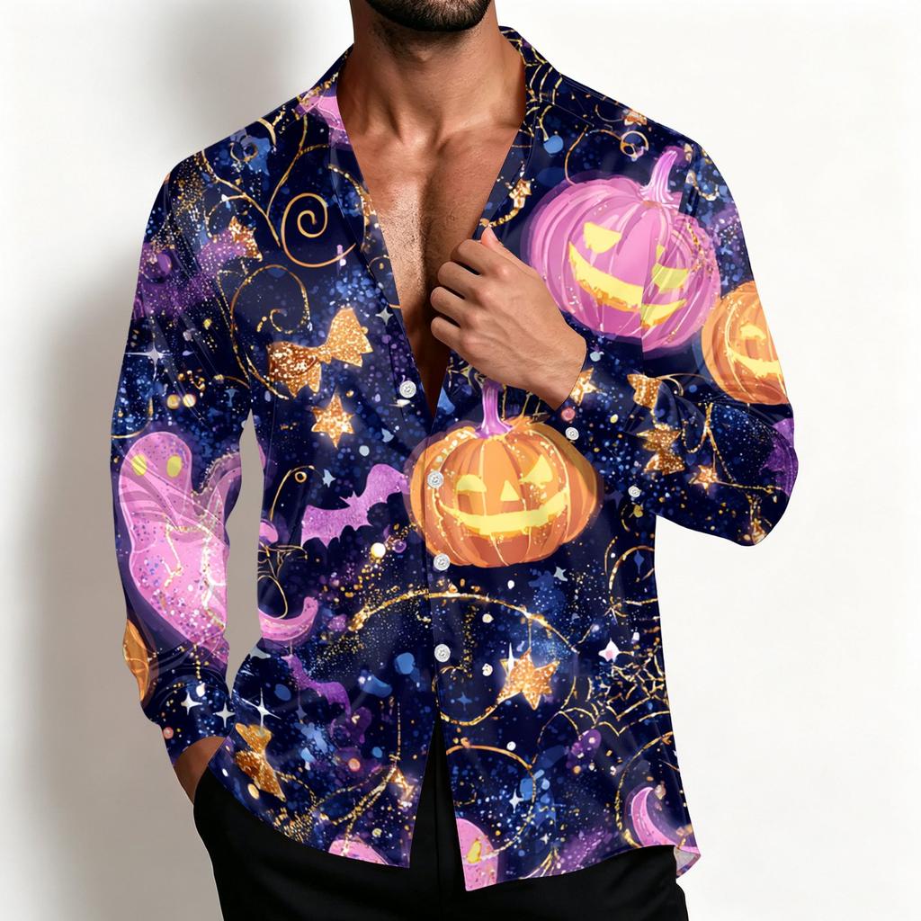 Men's Casual Halloween Shirt Jacket Loose Fit Breathable Turn-Down Collar for Spring and