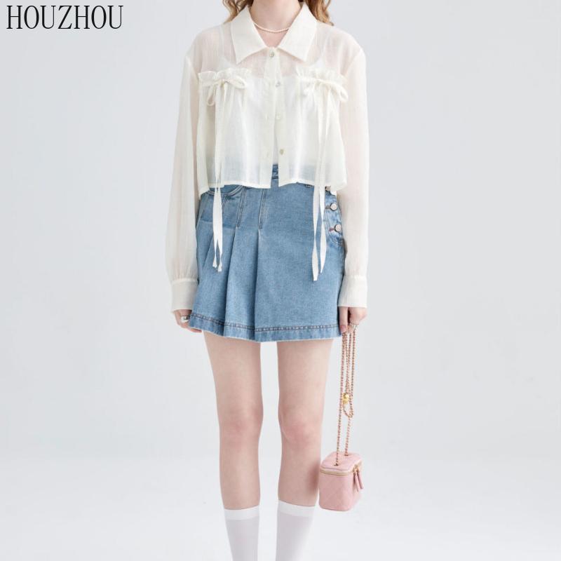 HOUZHOU Chiffon-Hemd für Damen, Schleife, süß, koreanischer Chic, elegant, lässig, locker, langärmelig, Sonnenschutz, Fliege