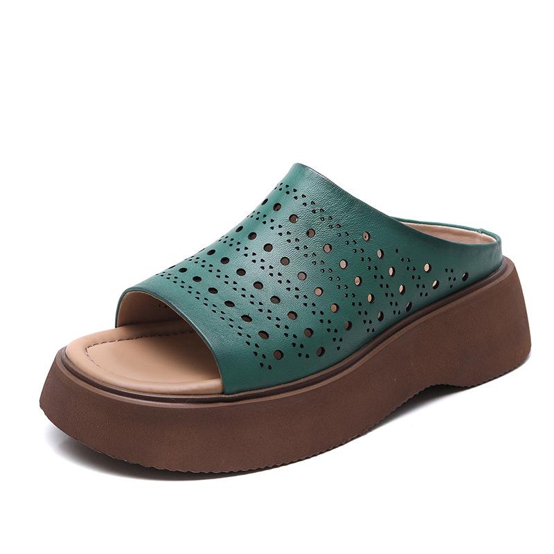 Johnature Pantoufles d'extérieur pour femmes en cuir véritable à bout ouvert et semelles épaisses, sandales compensées ajourées et respirantes de style vintage