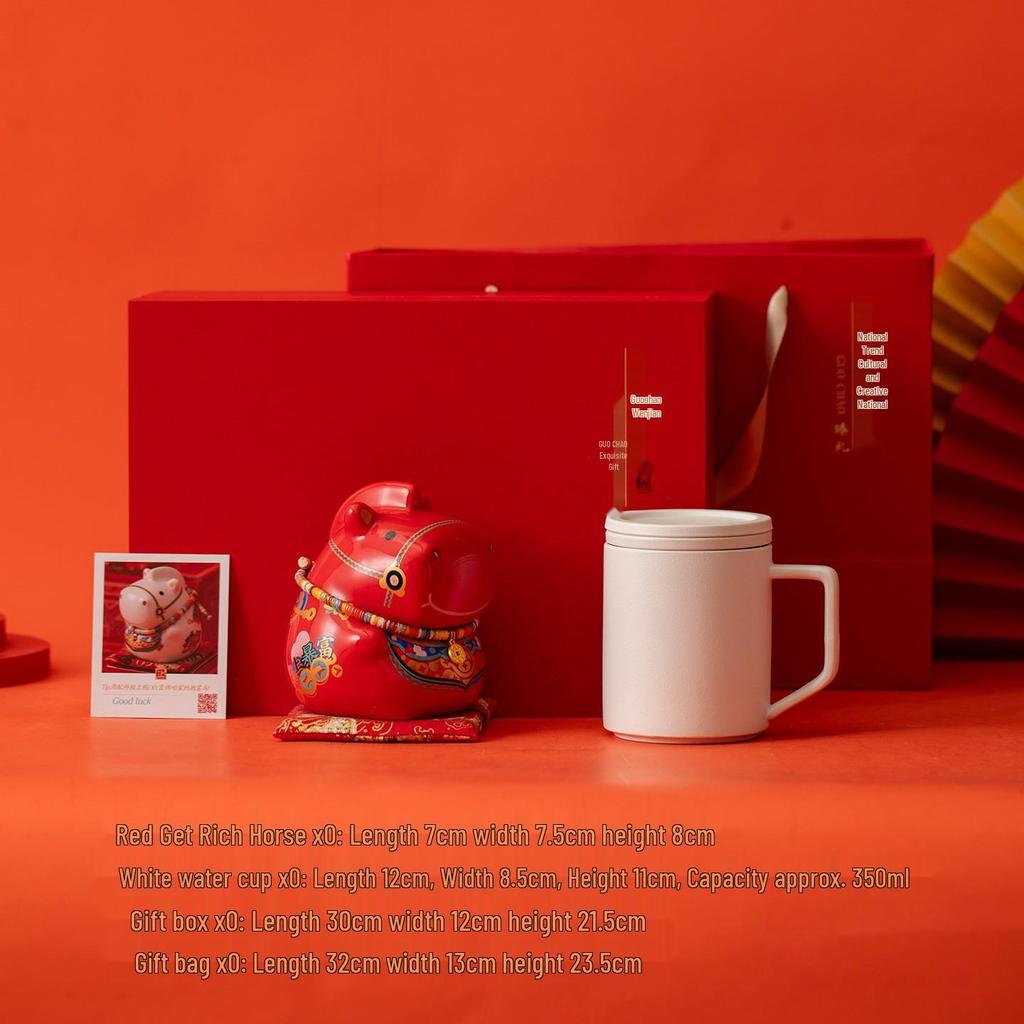 2026 Year of the Horse Cultural Gift Set: Ceramic Tea Cup, Ornament, Piggy Bank Souvenir