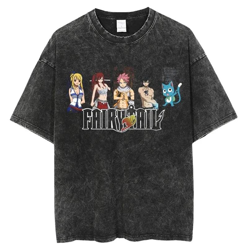 

FAIRY TAIL Anime Unisexga Peripherals Tshirt Natsu Lucy Happy Gray Graphic Print Washed Vintage Short Sleeve Unisex Women Cotton Tee S