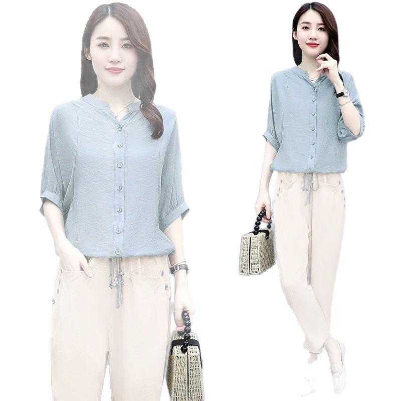 Women's 2024 Summer Korean-Style Linen Suit: Fashionable Loose Slimming Two-Piece Set