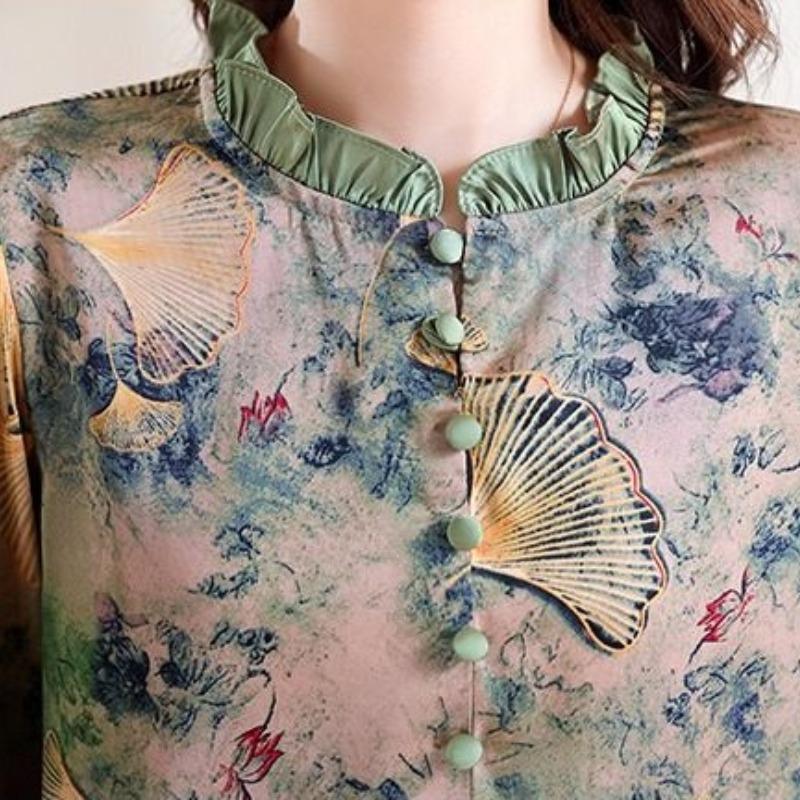 Lotus Collar Print for Spring and Autumn 2024 New Fashionable Women's Patchwork Buttons for Casual Long Sleeved Chiffon Shirt