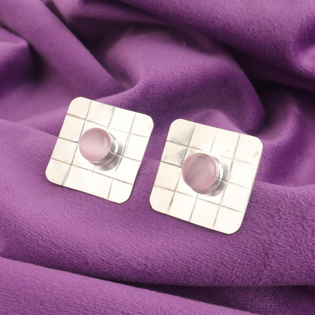 Pink Cat's Eye Gemstone Stud Post Elegant Earrings Jewelry 925 Sterling Silver EE-146-25