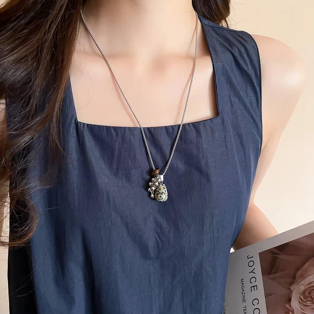 Exquisite Spotted Tiger Eye Stone Long Chain Necklace Long Chain Irregular Pendant Long Versatile Clavicle Metal Sweater Chain