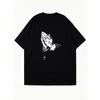 Übergroßes T-Shirt-Kleid Schwarz Betende Hände Mit Rosenkranzkreuz Aufdruck Lässige Streetwear Für Frauen