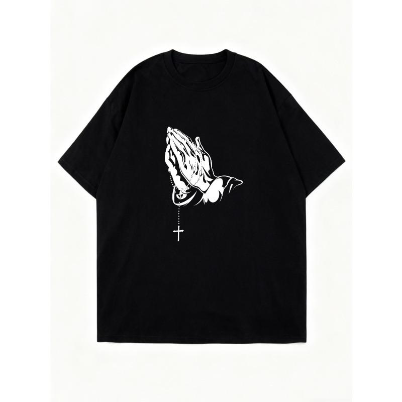 Übergroßes T-Shirt-Kleid Schwarz Betende Hände Mit Rosenkranzkreuz Aufdruck Lässige Streetwear Für Frauen