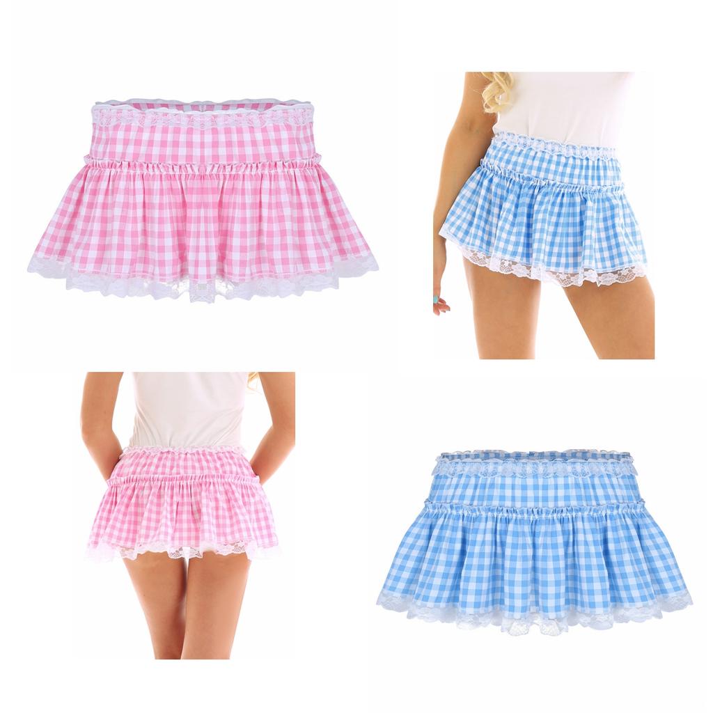 Unisex kvinner Menn Sissy Elastisk linning Blondekant Plissert kort Gingham A-linje miniskjørt