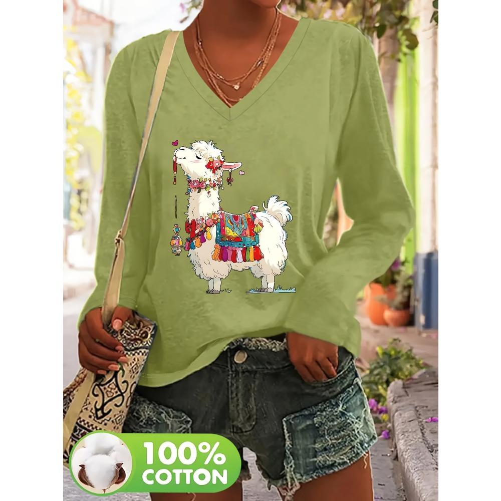 Plus size T-shirt V-neck long-sleeved women's casual fashion, spring and autumn bottoming top, letter cartoon print