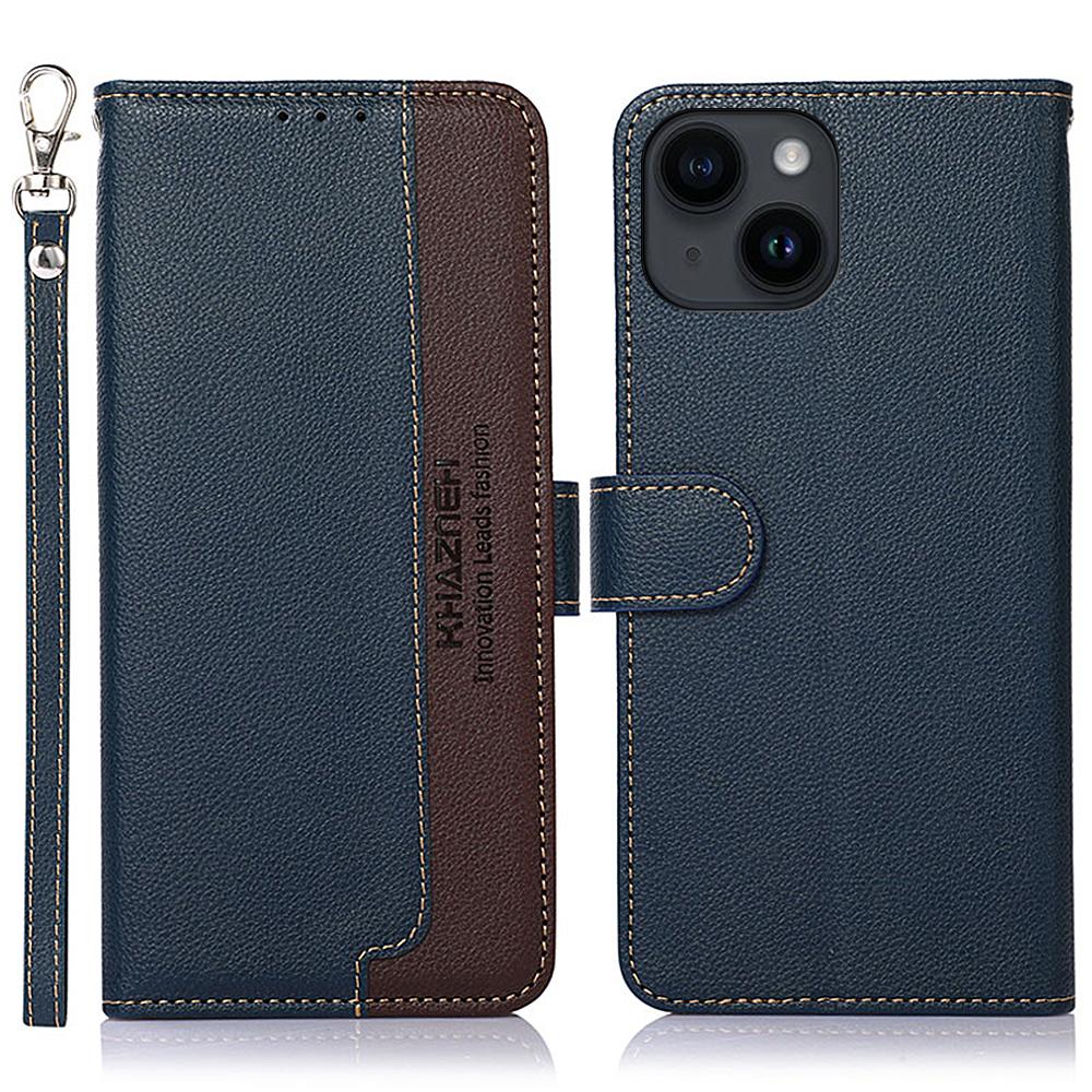 

KHAZNEH For iPhone 15 RFID Blocking Litchi Texture Leather Case Stand Wallet Phone Cover Blue