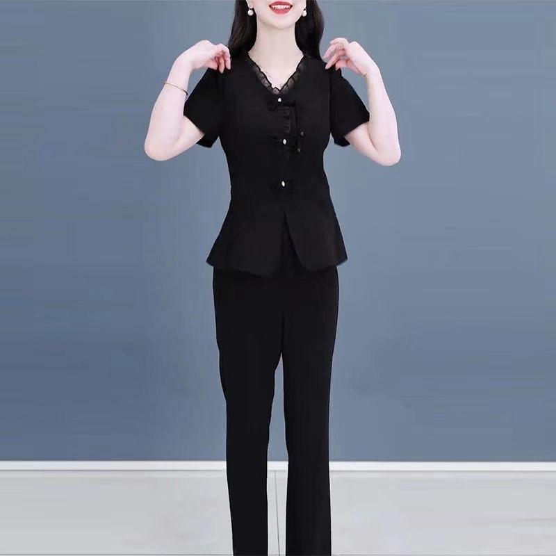 Luxury-lite Solid-color Set - Women's Summer Elegant Style Short-sleeved Shirt and Casual Pants Two-piece Set for Women