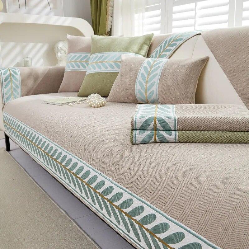 Herringbone Pattern Chenille Leaf Edge Splicing Sofa Cover Non-slip Couch Cover Living Room Sofa Backrest Armrest Protector Mat