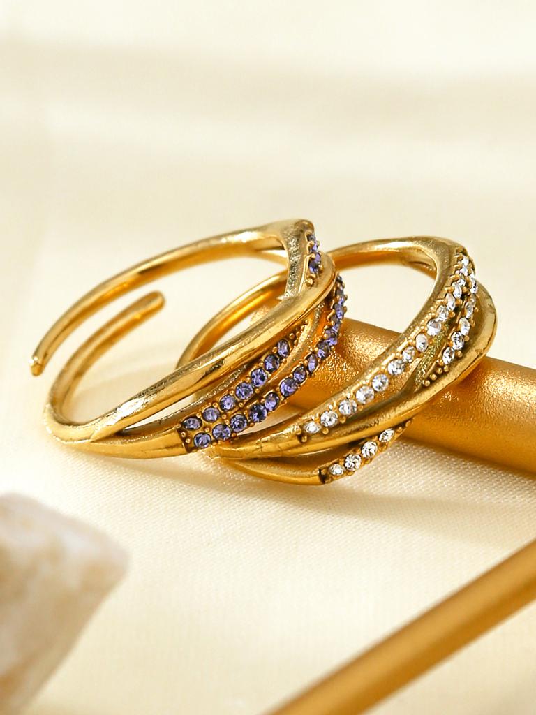 Ny Mode Enkel Personlighet Lätt Lyx Utsökt Rostfritt Stål 18K Guldpläterad Diamantlinjer Korsring Dam Zirkon