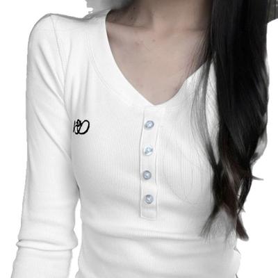 Maglietta Base Ricamata con Bottoni sul Davanti per Donna, Nuovo Stile Primavera-Autunno, Manica Lunga, Vestibilità Aderente, Top Scollo a V