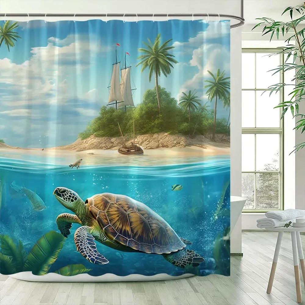 Ocean Sea Turtle Shower Curtains Island Coconut Trees Starfish Oil Painting Art Landscape Polyester Bathroom Curtain Decor .