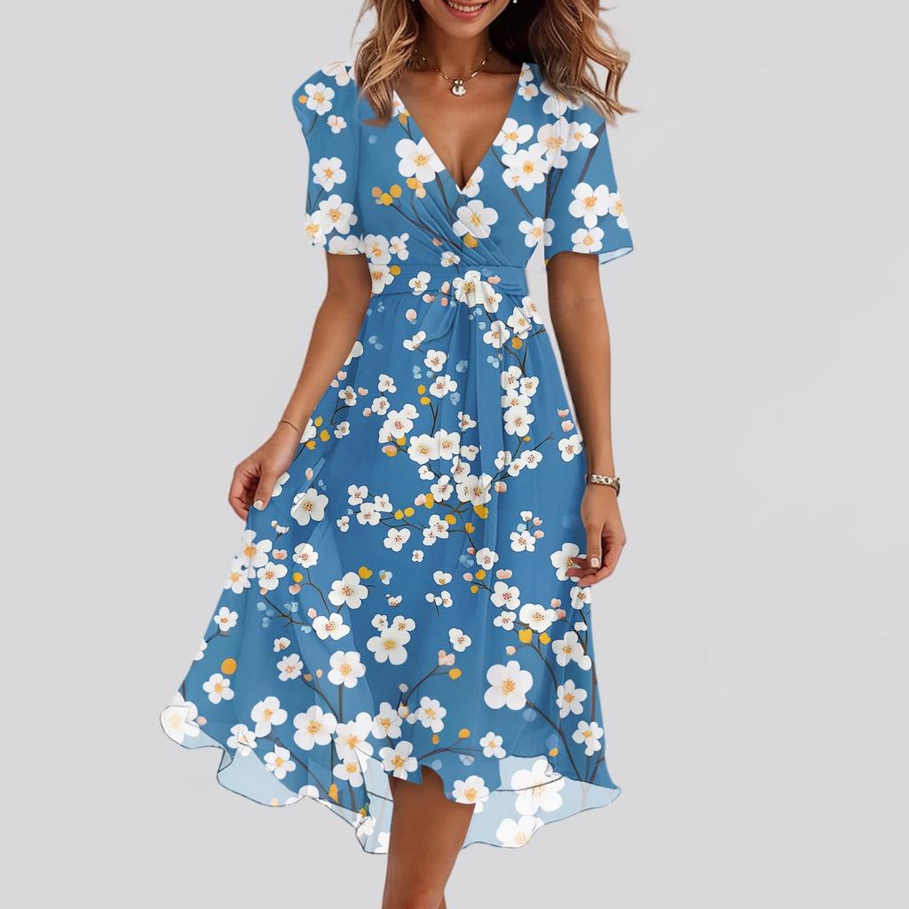 Dámské módní ležérní šaty s výstřihem do V, krátkým rukávem, volánky a vintage potiskem