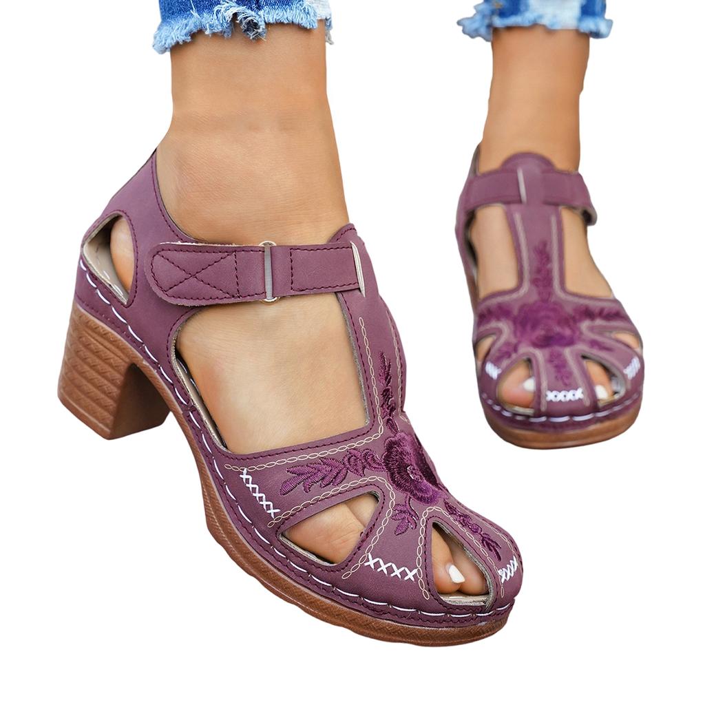 Women's Casual T-Strap Sandals with Embroidered Upper Adjustable Hook and Loop Closure Low Block Heel Comfortable Footbed