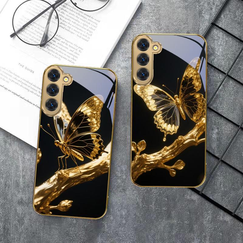 Butterfly on the Branch For Samsung Galaxy S20 FE S21 S22 S23 Plus S24 Ultra S25Ultra S21+ S9+ S22Plus Golden glass phone case