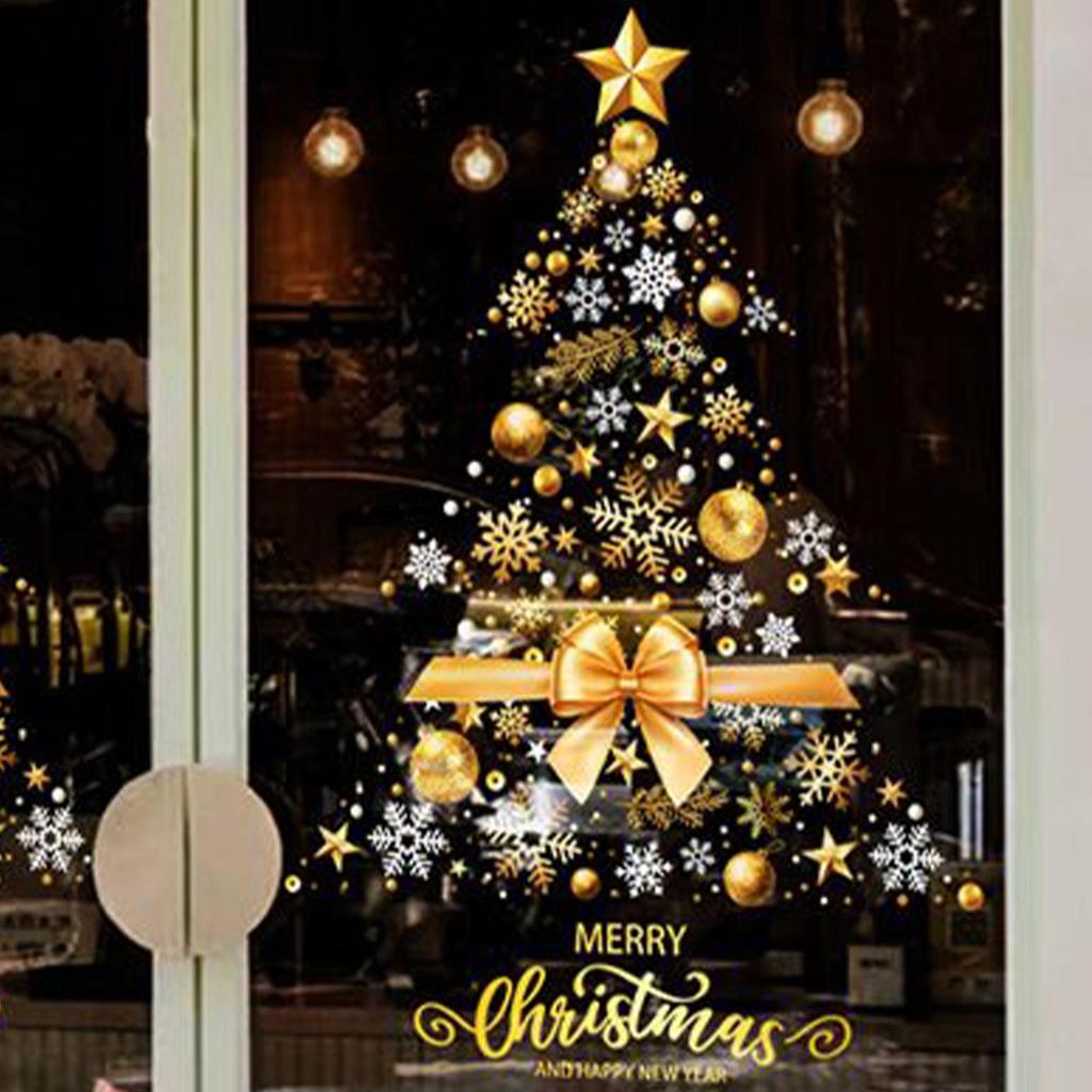 Christmas Window Stickers Large Static DIY Film Removable Golden Christmas Tree Window Decal for Wall Door Mirror Home Workplace