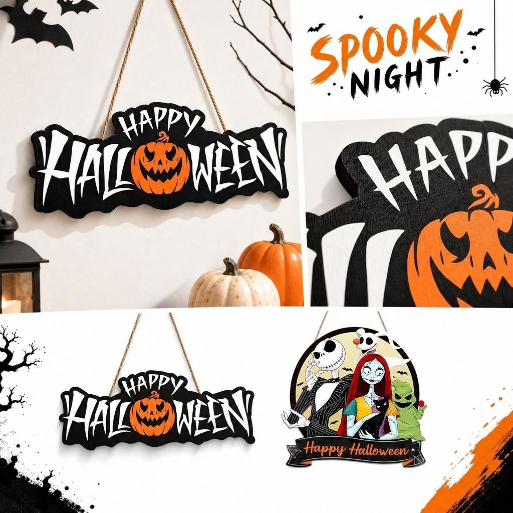 Wooden Halloween Hanging Sign Party Home Decoration Wall Plaque Pumpkin Bat Craft Seasonal Holiday Ornament Indoor Outdoor Use
