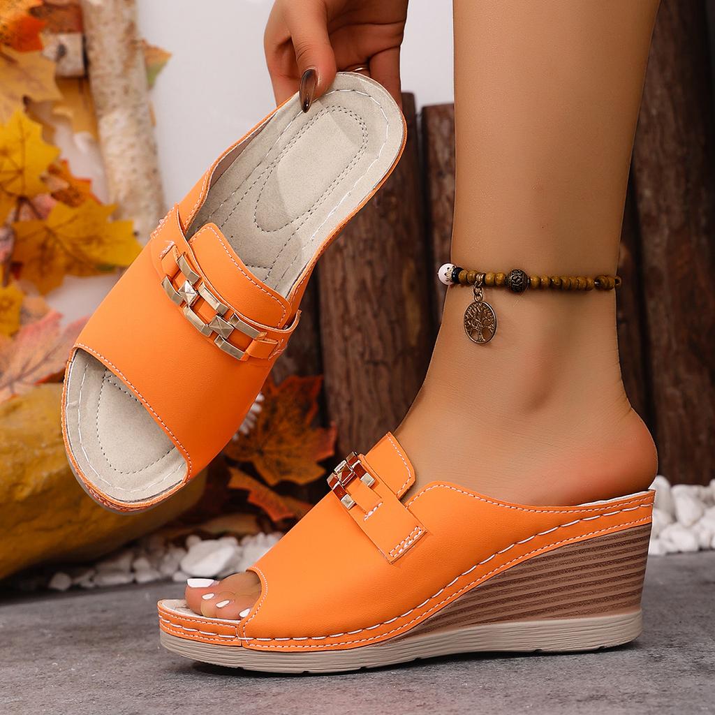 Women Sandals Casual Fashion Simple Metal Buckle Sandals Thick Heel Slip-On Shoes Women Large Size Cross-Border Slides Women