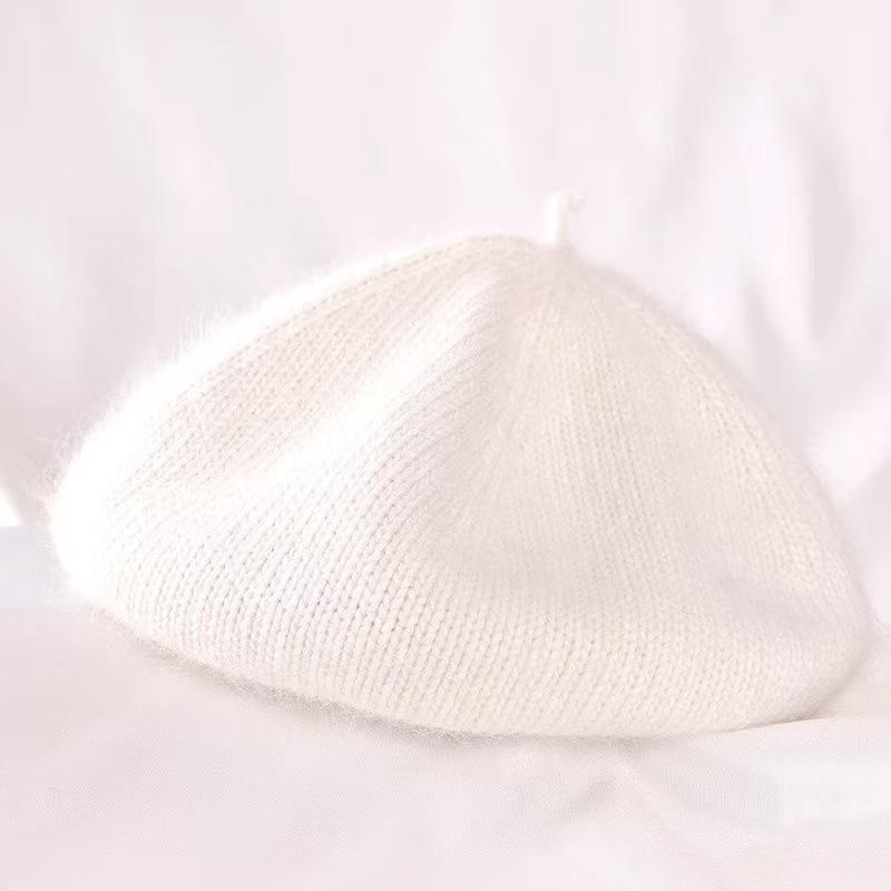 Matcha Grün Kaninchenfell Baskenmütze für Damen Herbst und Winter Literarische Retro Malermütze Vielseitige Mode Strickmütze Wollmütze