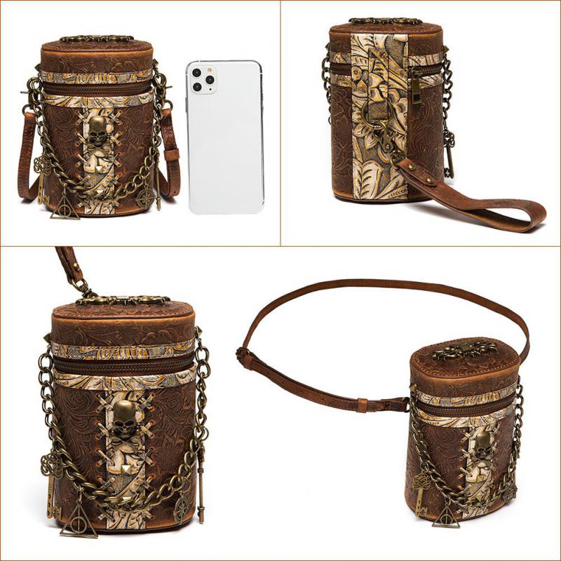 Johnature Retro Cowhide Bucket Bag Steampunk Rivet Chain Genuine Leather Women Hand Bag Fashion Small Shoulder Bags