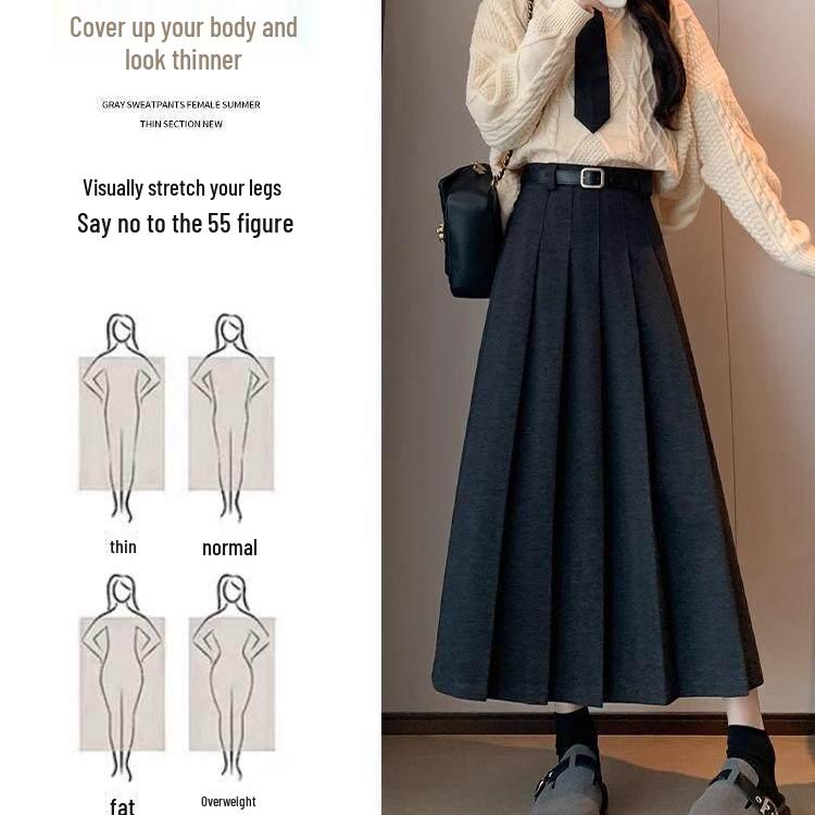 2026 Women's Petite High-Waisted Gray Wool Blend Pleated A-Line Skirt - Autumn Style