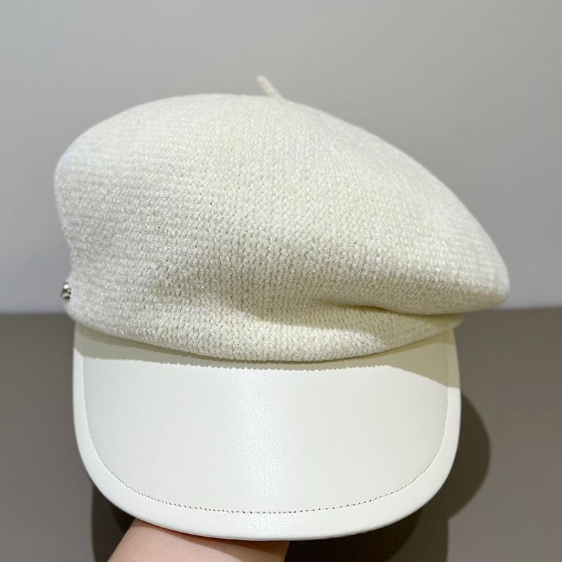 Snowy Neil Beanie Newsboy Hat Women'S Korean-Style Vintage Retro Multi-Purpose Leather Hat Brim
