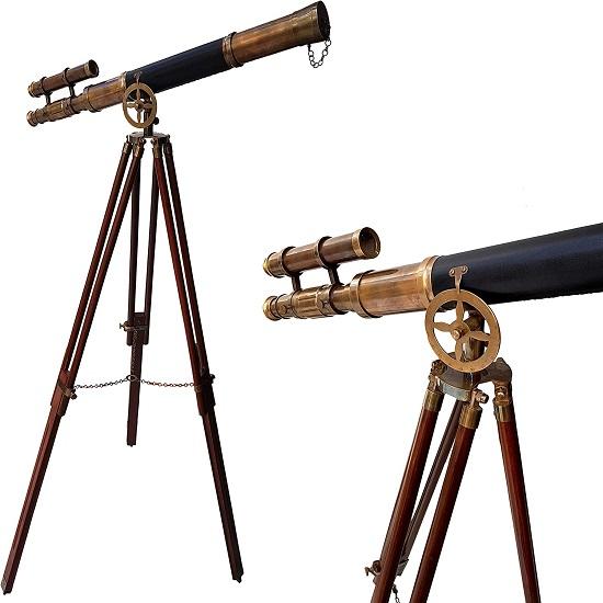 Nautical Style Black Leather Telescope Maritime Brass Antique Double Barrel Designer Telescope Wooden Tripod Floor Standing Telescope.
