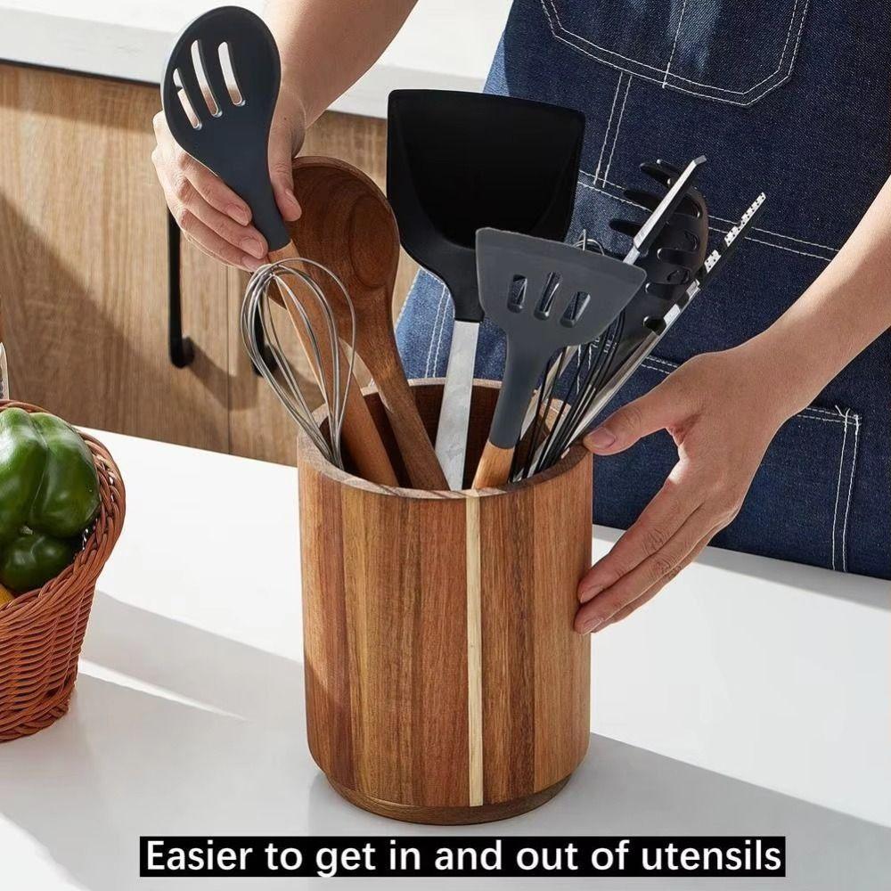 360° Rotatable Cutlery Rack Wooden Large Fork Organizer  for Dining Container