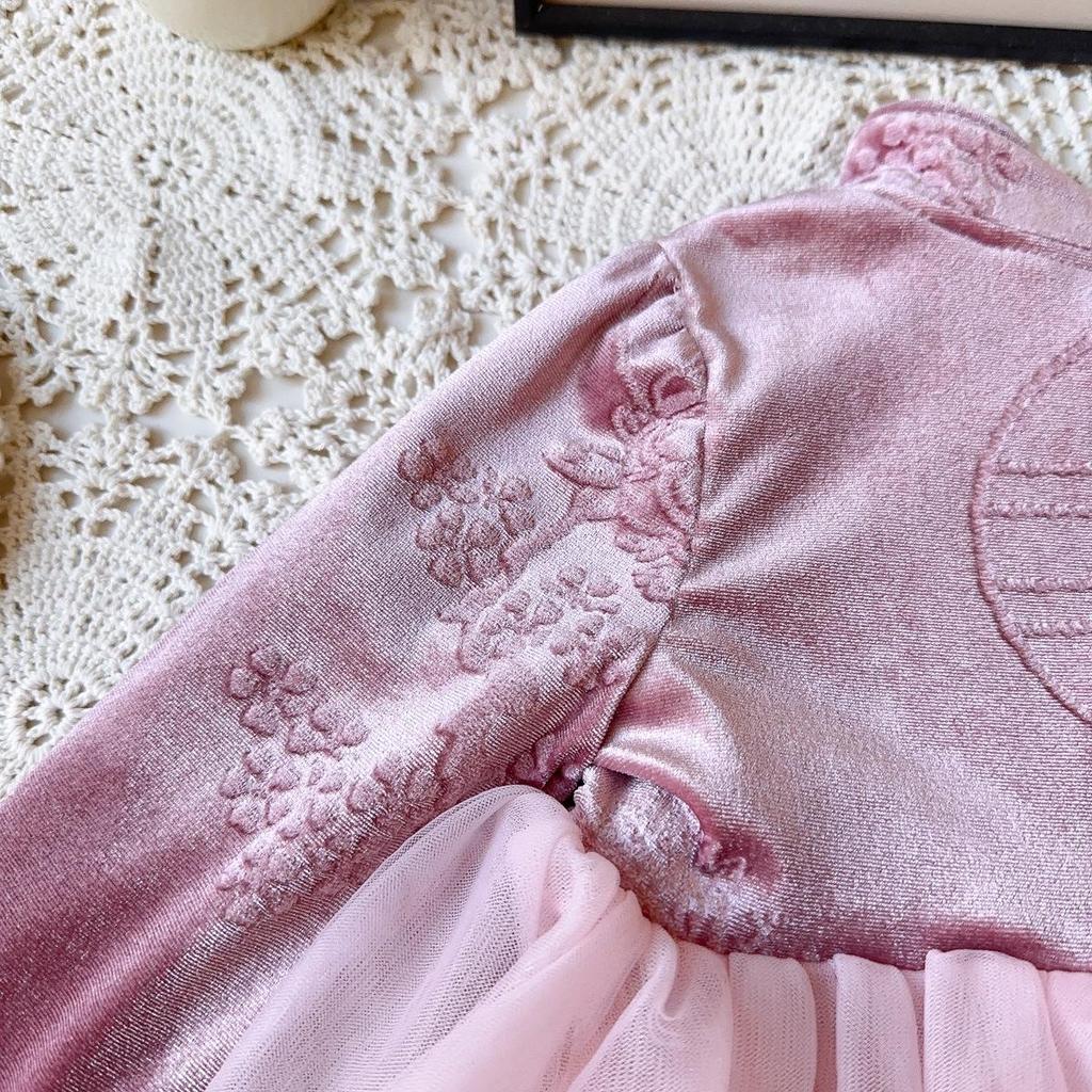 Girls' Winter Hanfu-Style Long Sleeve Mesh Dress