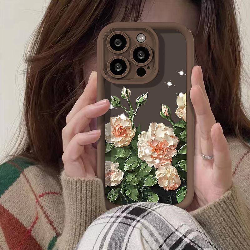 Oil Painting Camellia Applies To iPhone17pormax Mobile Phone Case 14/15 Protective Case 13 Cartoon 16 Matte 17