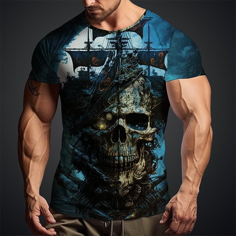 Men's Graphic Haunted Pirate Ship Skulls T Shirt Short Sleeve T shirt 3D Print Crew Neck Shirt Daily Designer Retro Vintage